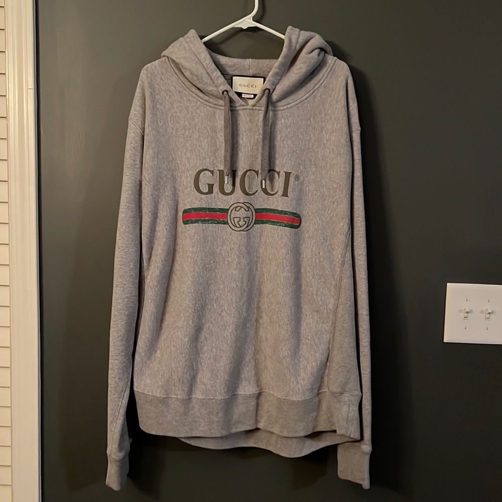 Gucci Grey Vintage Logo Print Cotton Hooded Distressed Sweatshirt XXL